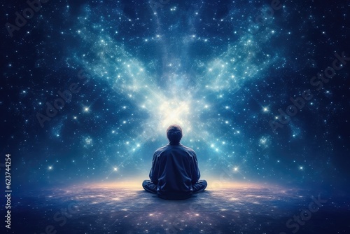 Man meditating about the big bang of the universe conce.  AI Generative