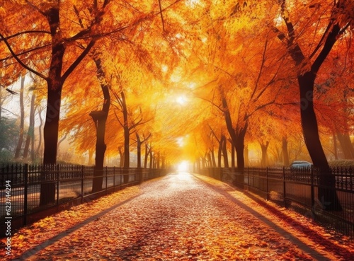 Scenic autumnal leaves walkway at sunset