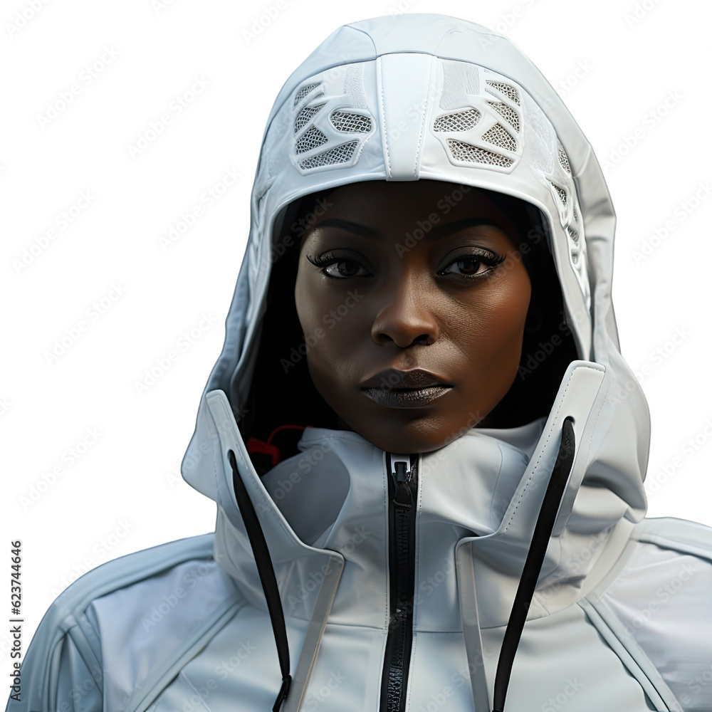 A woman wearing a modern white jacket with a hood . Transparent background.