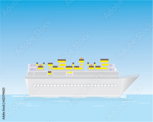 Abstract kufic calligraphy of kun fayakun means "Be! Then it will be" in the shape of a ship on the water with a blue sky background.