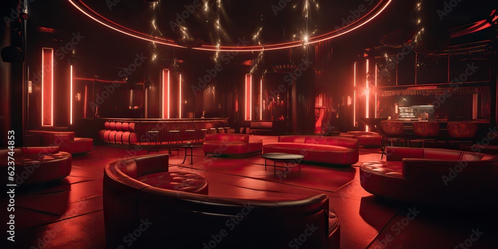 AI Generated. AI Generative. Vip private room at nightclub interior design. Red dark night life style party with red sofa seating. Graphic Art AI Generated. AI Generative. Vip private room at nightclub interior design. Red dark night life style party with red sofa seating. Graphic Art