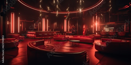 AI Generated. AI Generative. Vip private room at nightclub interior design. Red dark night life style party with red sofa seating. Graphic Art