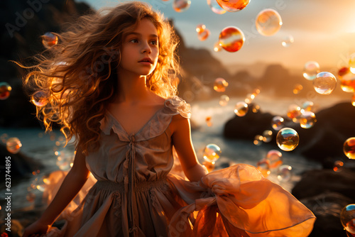 A smiling cute little girl wearing a dress in a beautiful warm summer sunset light on the beach, surrounded by bubbles.