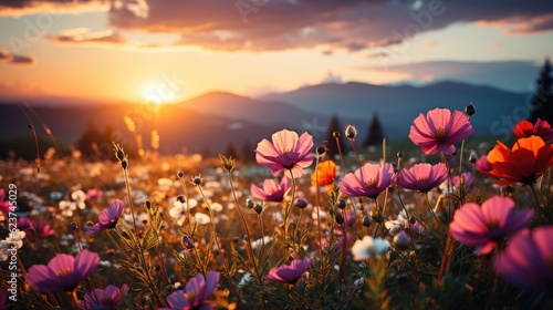 Sky sunset and green hill mountains with beautiful flowers meadow are wonderful places. Generative Ai	
