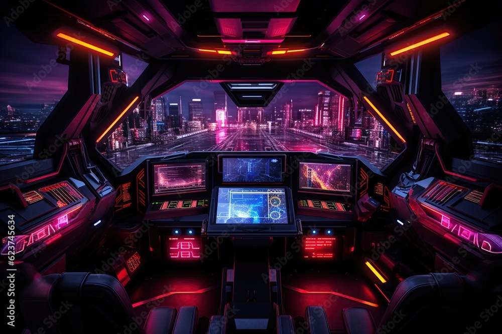 Futuristic neon-lit spaceship dashboard