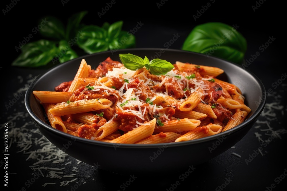 Penne pasta with tomato sauce, parmesan cheese and basil. AI Generative Penne pasta with tomato sauce, parmesan cheese and basil. AI Generative