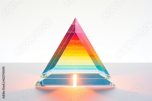 Glass prism refracting sunlight into spectrum on white background