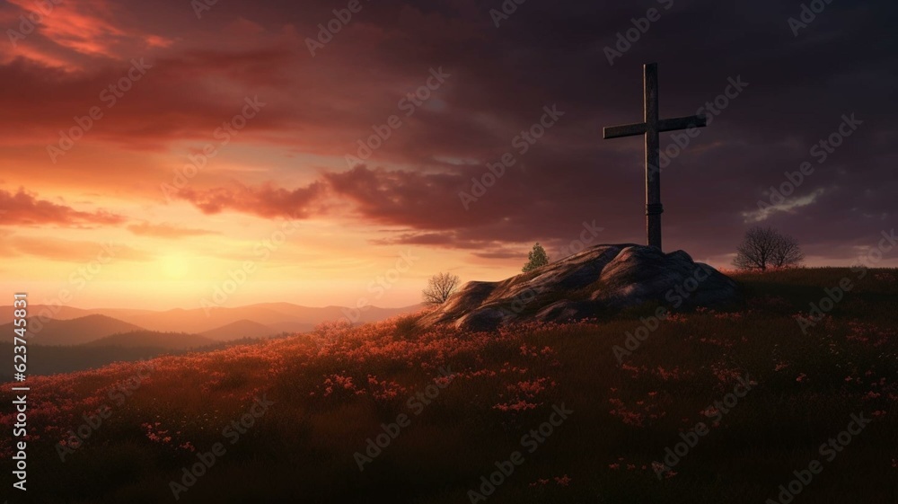 Cross with sunset on the hill