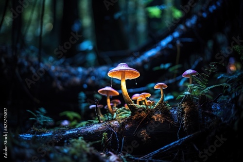 Glowing bioluminescent mushrooms in a dark woodland