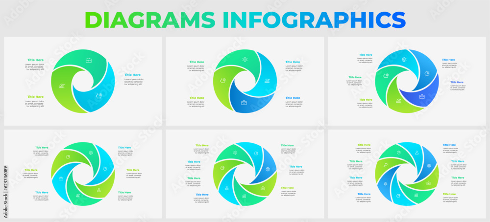 Collection of circle elements divided into 3, 4, 5, 6, 7 and 8 options ...