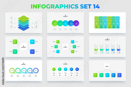 Collection of infographic presentation slides with flowcharts, timelines and column diagrams