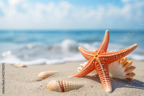 綺麗なビーチとヒトデ・貝殻：AI生成画像