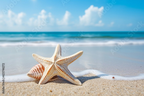 綺麗なビーチとヒトデ・貝殻：AI生成画像