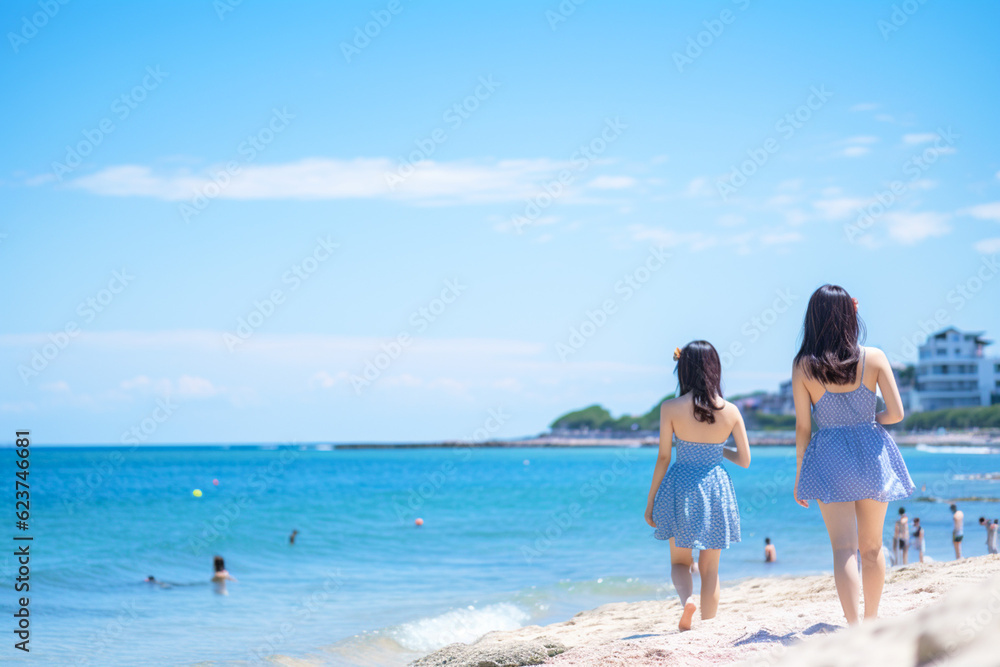 真夏の海水浴を楽しむ女性たち：AI生成画像