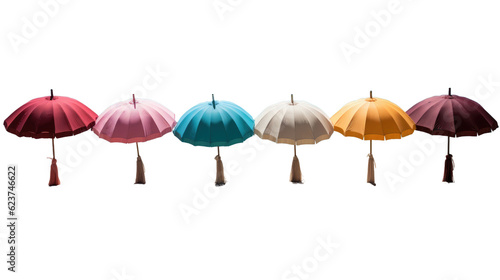 A vibrant row of colorful umbrellas . Transparent background.