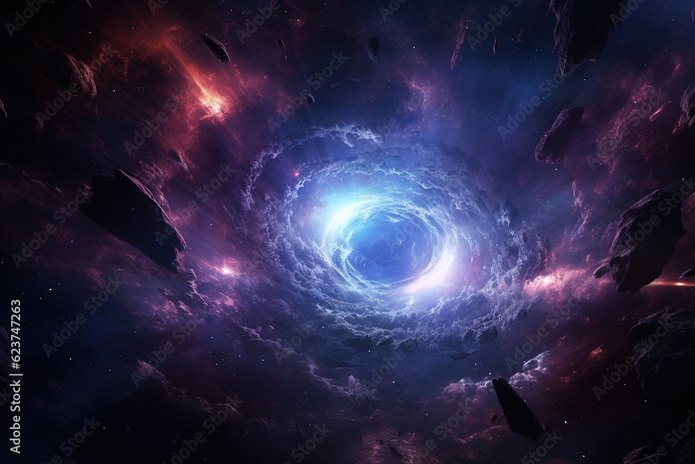 Glowing wormhole opening in deep space