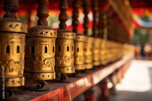 Gold and red Tibetan prayer wheels spinning in a temple