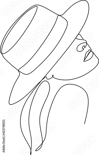 Woman in hat fashion line drawing, black and white illustration. Hand drawn vector element for fashion shop banner, logo, flyer, web design, advertisement