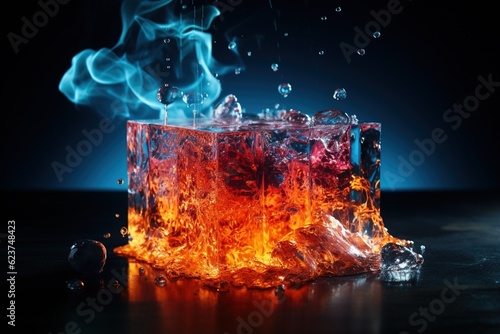 Ice cube melting on a flaming table, contrasting elements