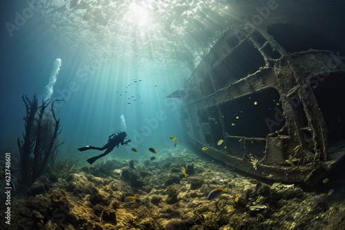 Dangerous dive to study the cause of the death of the ship. Diver in front of the sunken hull. Shipwreck investigation.