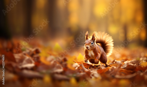 Cute orange squirrel.Autumn scene with a cute red squirrel. Sciurus vulgaris. Europeasn squirrel in in colorful orange and yellow Fall forest copy space