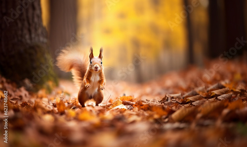 Cute orange squirrel.Autumn scene with a cute red squirrel. Sciurus vulgaris. Europeasn squirrel in in colorful orange and yellow Fall forest copy space