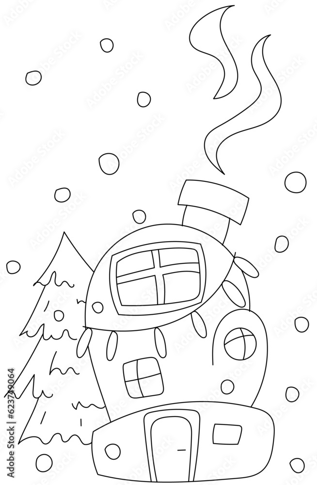 Obraz premium Children's cartoon house from a large mitten. Vector Christmas coloring book for kids. Smoke is coming from the roof, a Christmas tree in the background. A large garland is hung on the house.