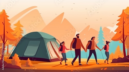 Tourist tent in a picturesque place during hiking. Beautiful nature for picnic and camping in nature. Leisure excursions by tourists in the fresh air. Generative AI