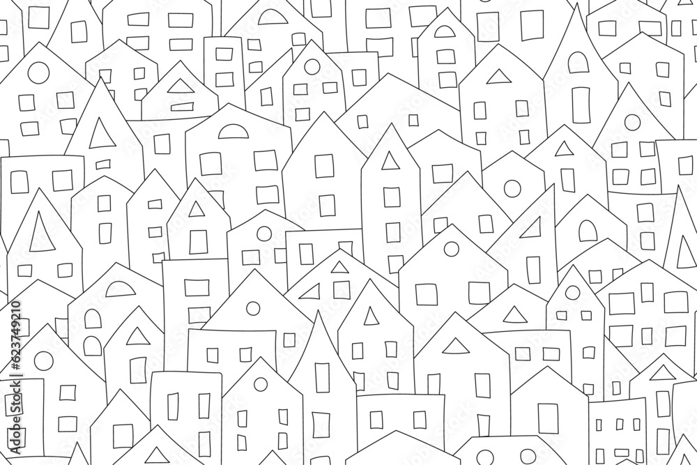 Vector seamless pattern. Line drawings of roofs, houses with windows. Creativity for children's coloring. For the design of gift wrapping, postcards, business, tablecloths.