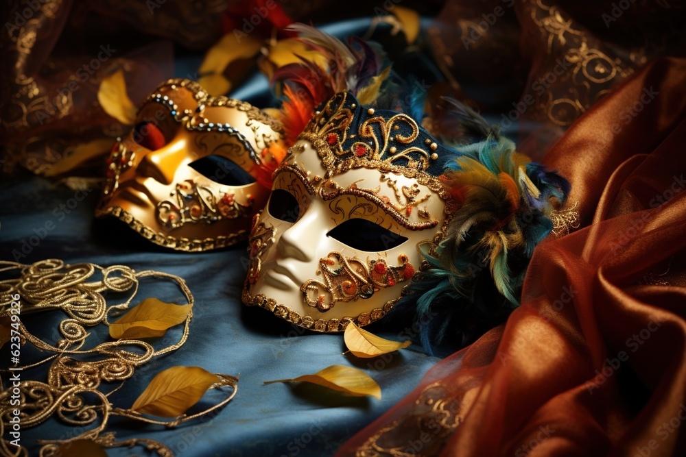 Italian Venetian masks lying on a lace tablecloth