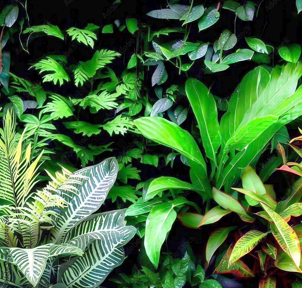 Green And Variegated Leaves Of Tropical Foliage Plants Bush With Various Types Of Ferns 6483