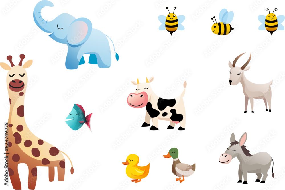 Vector animals for child development, creativity. For a variety of jobs. Elephant, giraffe, goat, cow, donkey, fish, duck, chicken, wasps, bumblebees.