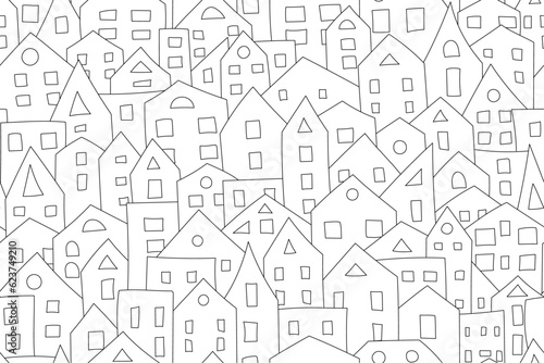 Vector seamless pattern. Line drawings of roofs, houses with windows. Creativity for children's coloring. For the design of gift wrapping, postcards, business, tablecloths.