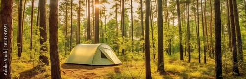 Tourist tent in a picturesque place during hiking. Beautiful nature for picnic and camping in nature. Leisure excursions by tourists in the fresh air. Generative AI