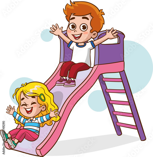 happy cute kids play slide vector