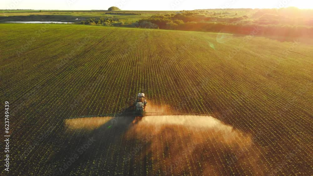 Aerial video of tractor spraying soil and young crop in springtime in field. Tractor spraying pesticides on soy field with sprayer at spring. Nozzle of the tractor sprinklers sprayed.