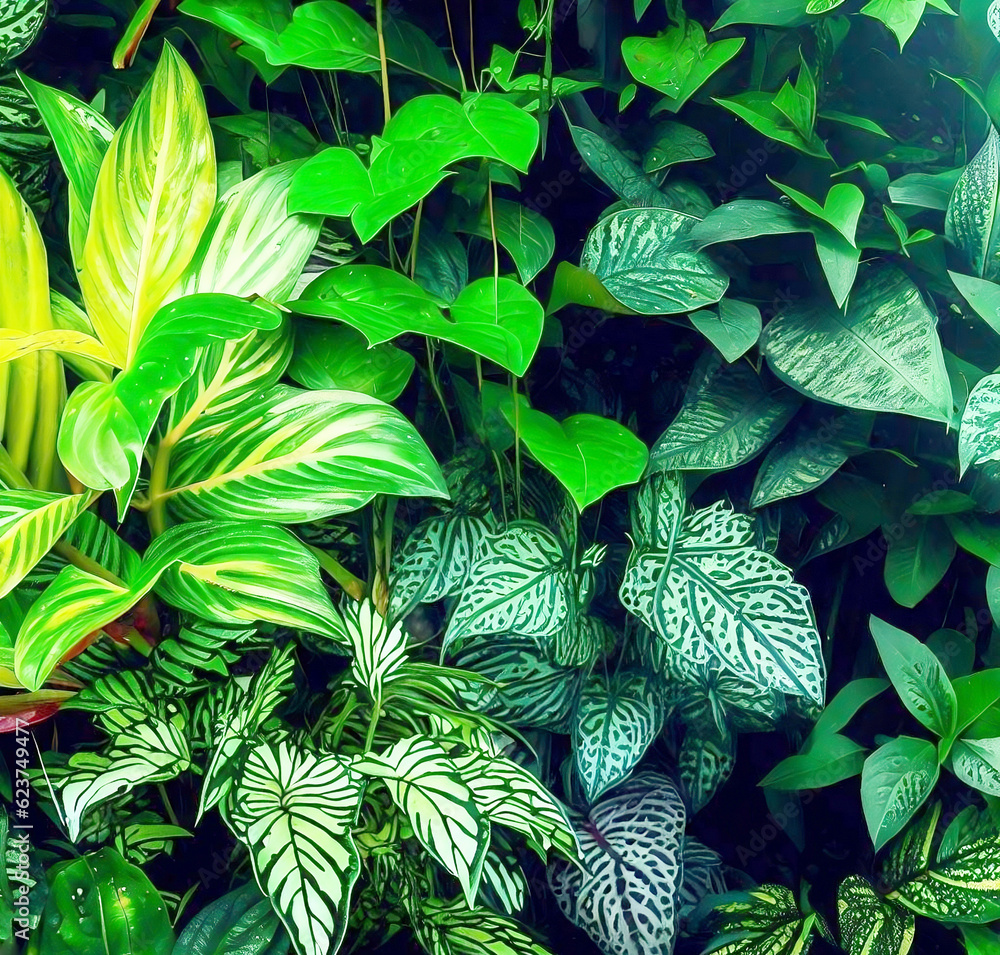 Green and variegated leaves of tropical foliage plants bush with ...