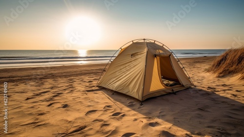 Tourist tent in a picturesque place during hiking. Beautiful nature for picnic and camping in nature. Leisure excursions by tourists in the fresh air. Generative AI