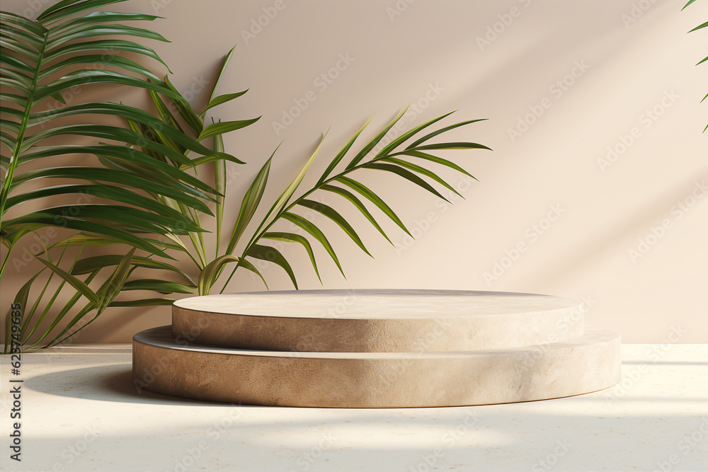 Terrazzo stone podium with palm leaves for product display. Sun shadows in the background. Generative AI Terrazzo stone podium with palm leaves for product display. Sun shadows in the background. Generative AI