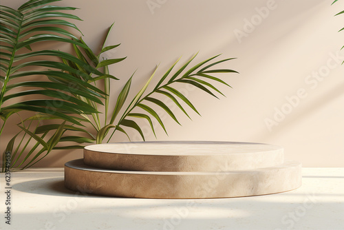 Terrazzo stone podium with palm leaves for product display. Sun shadows in the background. Generative AI
