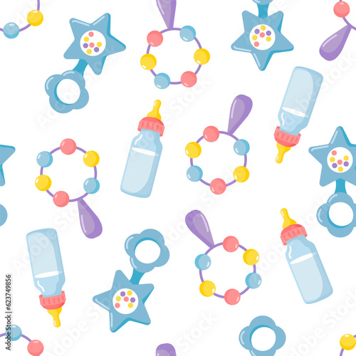 Vector seamless children's pattern with toys, rattles, baby formula bottles on a white background. Cute texture for printing on textiles, wrapping paper, web design and social networks. Multicolored