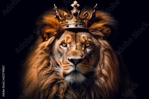 Head of King Lion in the golden crown.AI generated.