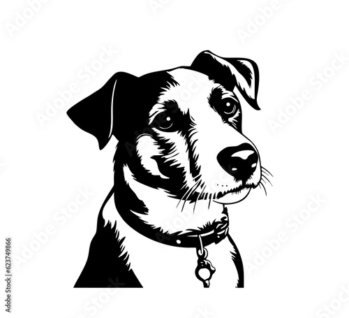 Vector isolated one single sitting Jack Russell dog head front view black and white bw two colors silhouette. Template for laser engraving or stencil, print for t shirt