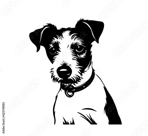 PNG one single sitting Jack Russell dog head front view black and white bw two colors silhouette. Template for laser engraving or stencil, print for t shirt