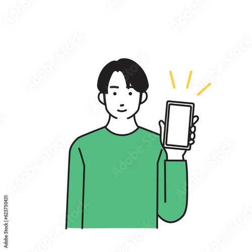 スマートフォンを持つ指差しポーズのシンプルな男性のイラスト
