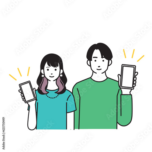 スマートフォンを持つ笑顔のシンプルな女性のイラスト
