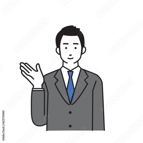 案内をする仕草のビジネスマンのシンプルなイラスト
