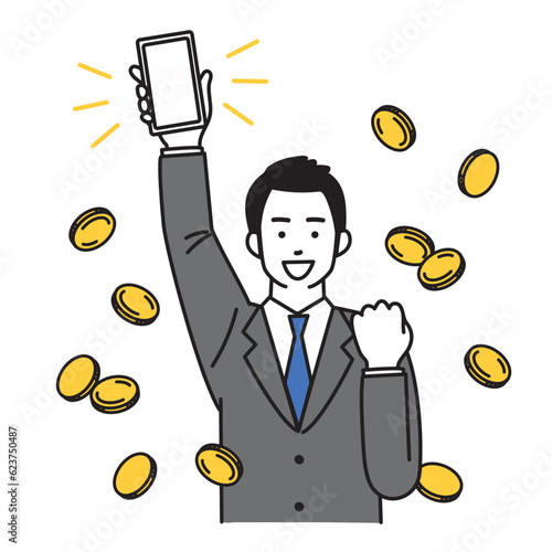 スマートフォンを持つ喜ぶビジネスマンのシンプルなイラスト
