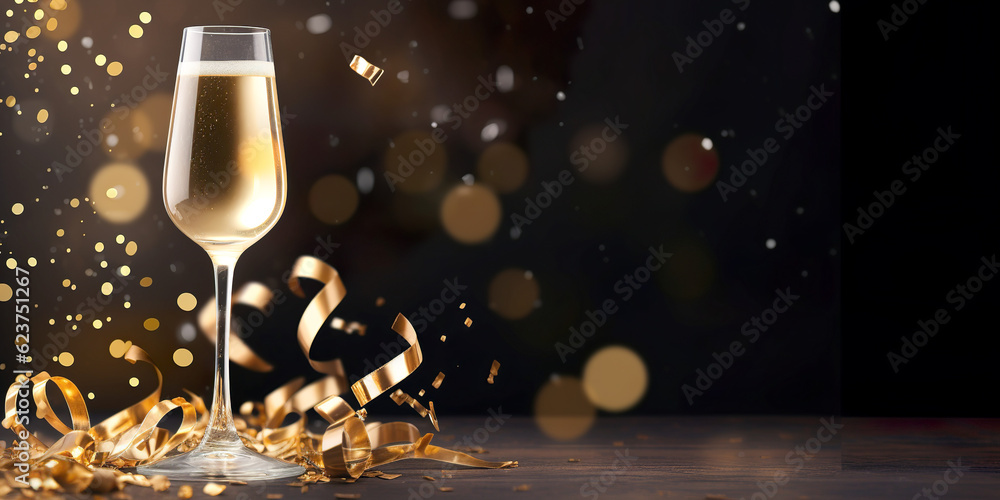 Champagne glasses with golden champagne on a dark background and golden