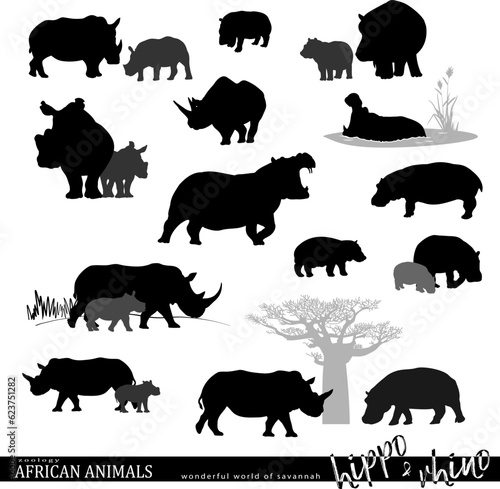 Hippopotamus and rhinoceros  silhouettes set with wildlife scenes. African savannah animals. Vector illustration.	